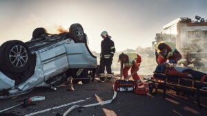 A car is turned upside down in a significant road traffic accident.