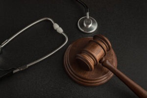 A gavel and stethoscope next to each other on a table to represent how to sue for a lung cancer misdiagnosis. 