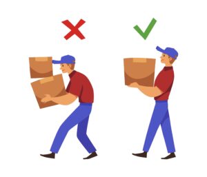 Graphic illustration showing the right and wrong way to carry a heavy box. 
