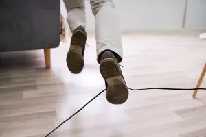 Worker tripping on a loose computer cable.