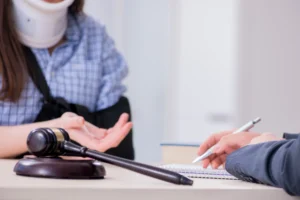 A solicitor discusses an injury claim with a client in a neck brace and arm sling