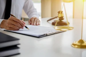 A solicitor writing on a clipboard about a broken finger at work claim.